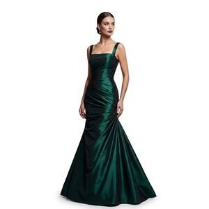 Mon Cheri Emerald Iridescent Formal Gown Ruched Bustle Maxi Size 12